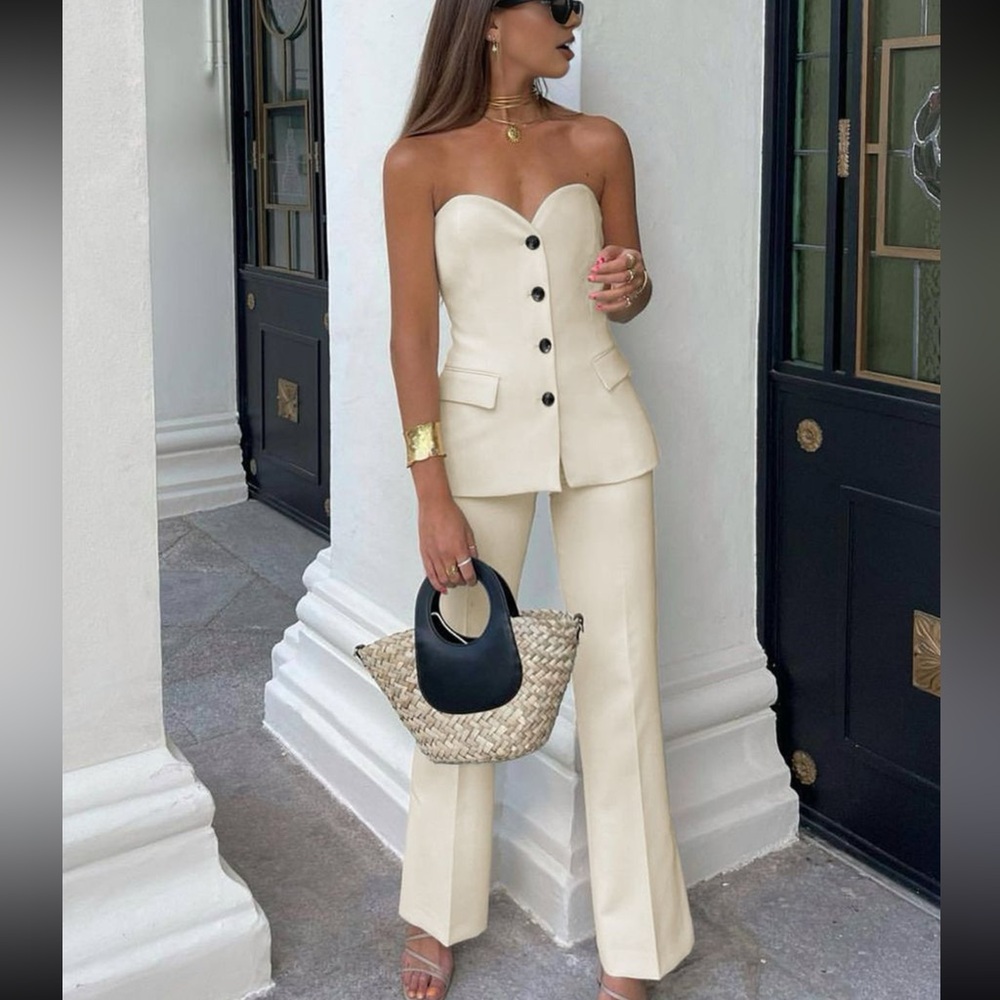 Brand New Commense Solid Tube Top With Wide Leg Pants Set Apricot Medium